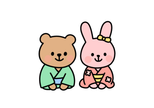 お正月に挨拶するうさぎとクマのイラスト素材の無料イラスト｜保育園・幼稚園で使える素材｜1月・どうぶつ・冬・正月