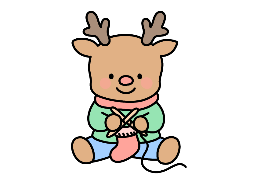 靴下を編むトナカイのイラスト素材の無料イラスト｜保育園・幼稚園で使える素材｜12月・クリスマス・どうぶつ・冬