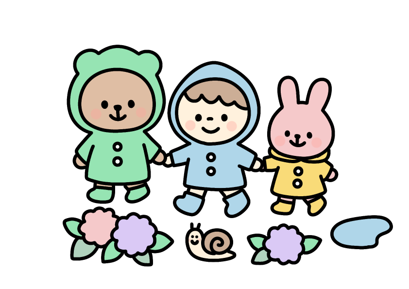 雨の日のお散歩のイラスト素材の無料イラスト｜保育園・幼稚園で使える素材｜6月・こども・どうぶつ・園生活・梅雨