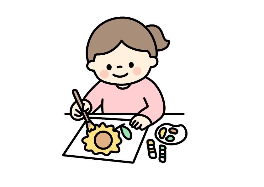 絵具で色塗りをする女の子のイラスト素材